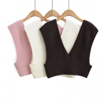early autumn new 3 colors slight stretch v-neck backless sexy all-match crop knitted tank top