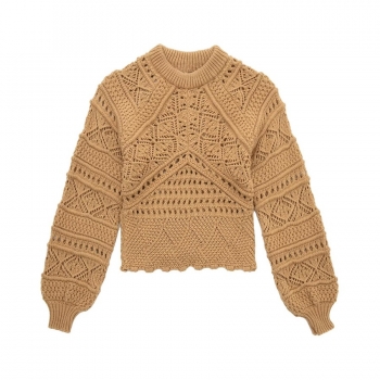 winter new pure color cut out knitted slight stretch lantern-sleeve stylish high quality all-match sweater