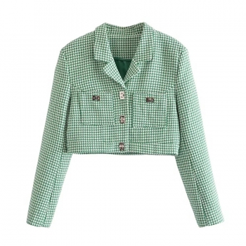 autumn new two colors houndstooth tweed non-stretch metal buckle pocket stylish high quality all-match crop blazer
