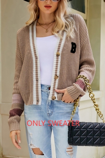 autumn & winter new 3 colors stretch contrast color letter knitted long sleeves single-breasted stylish sweater