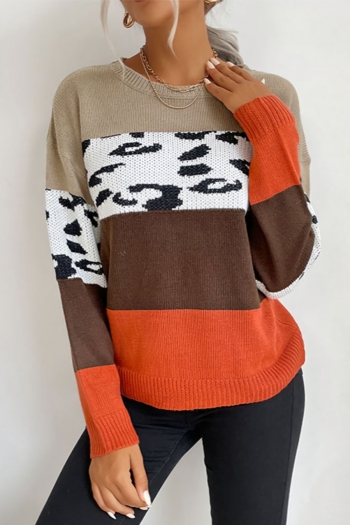 autumn&winter new stylish leopard batch printing contrast color slight stretch knitted casual thin sweater