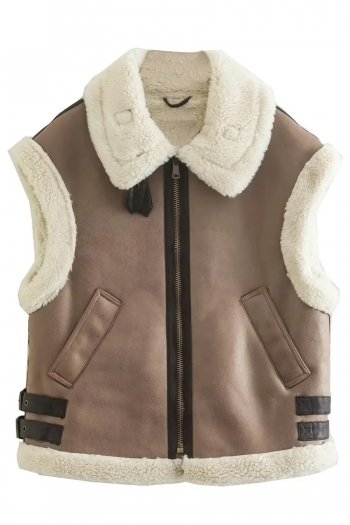 winter new non-stretch zip-up pu leather pocket warm teddy fleece fashion high quality vest outerwear
