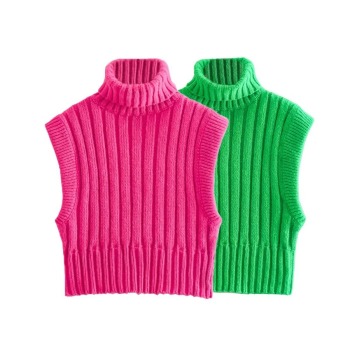autumn & winter new solid color stretch ribbed knit high neck stylish vest sweater