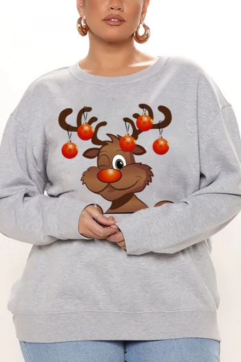 christmas style plus size winter cartoon cute deer printing slight stretch long sleeve sweatshirt(size run small)