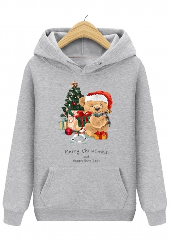s-5xl christmas style winter new plus size cartoon bear & letter fixed printing slight stretch hooded pocket loose casual sweatshirt#11