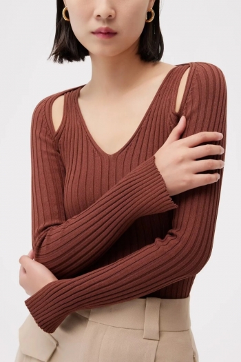 winter five colors sexy hollow deep v backless long sleeve slight stretch knitted top