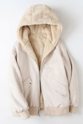 xs-l winter casual plush & suede fabric warm zip-up with pocket hooded jacket(can be worn on both sides)