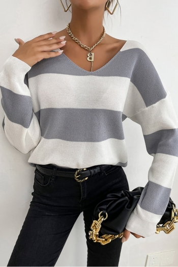 casual big round neck stripe knitted slight stretch stripe loose long sleeve sweater