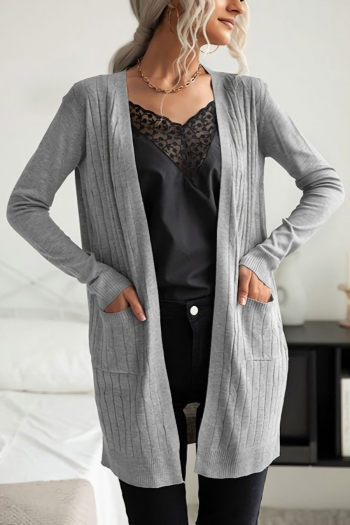 winter causal solid knitted slight stretch long sleeve long style with pocket cardigan