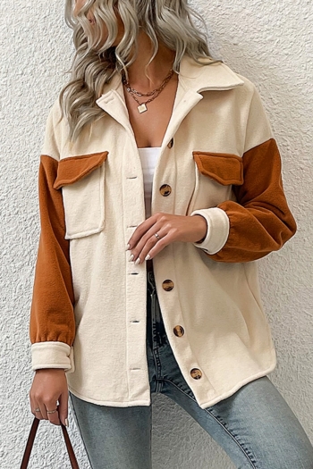 winter warm fleece contrast color long sleeve pocket inelastic jacket