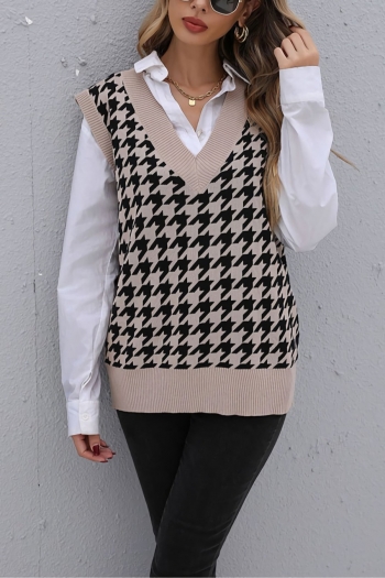 winter casual houndstooth knitted slight stretch v-neck loose sweater vest(without underwear)