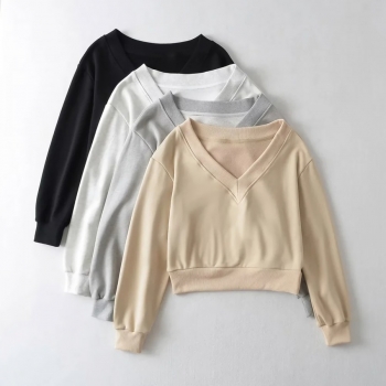 autumn & winter new 4 colors slight stretch v-neck stylish all-match crop sweatshirt