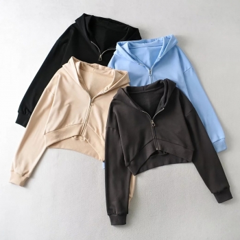 autumn & winter new 4 colors slight stretch hooded zip-up stylish all-match crop sweatshirt jacket