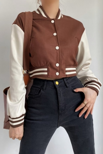 autumn & winter new two colors contrast color stripe stitching slight stretch single-breasted pocket stylish all-match crop baseball jacket