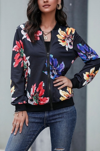 early autumn new contrast color floral batch printing patchwork slight stretch long sleeve crew neck zip up stylish casual jacket (only jacket)