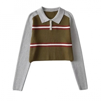 autumn & winter new contrast color stitching slight stretch turndown collar button stylish casual thin knitted sweater