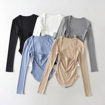 autumn new 5 colors ribbed knit slight stretch long sleeve square-neck shirring stylish all-match top