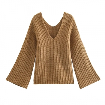 winter new solid color stretch knitted flared long sleeves v-neck fashion sweater