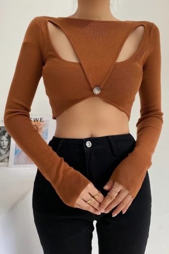 autumn new 3 colors slight stretch long sleeve hollow button decor stylish sexy all-match crop top