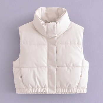 xs-l autumn new solid color slight stretch pu leather zip-up stylish warm cotton vest jacket