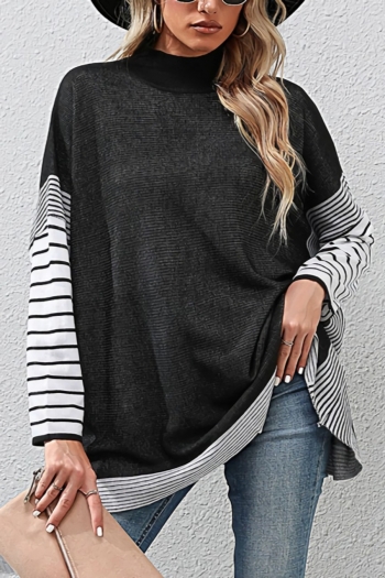 autumn new stylish contrast color stripe slight stretch loose knitted casual thin sweater