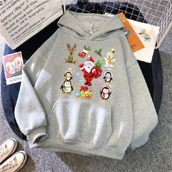 s-5xl christmas style winter new plus size santa claus & penguin fixed printing slight stretch hooded pocket casual all-match sweatshirt#11