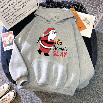 s-5xl christmas style winter new plus size santa claus & letter fixed printing slight stretch hooded pocket casual all-match sweatshirt#20