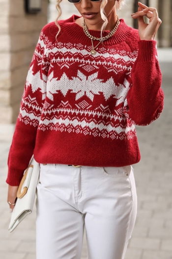 christmas new stylish contrast color snowflake slight stretch knitted loose round neck casual thin sweater