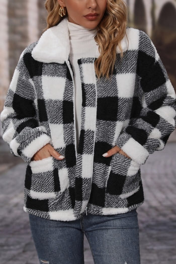 autumn & winter new lattice teddy fleece slight stretch turndown collar zip-up pocket stylish all-match warm jacket