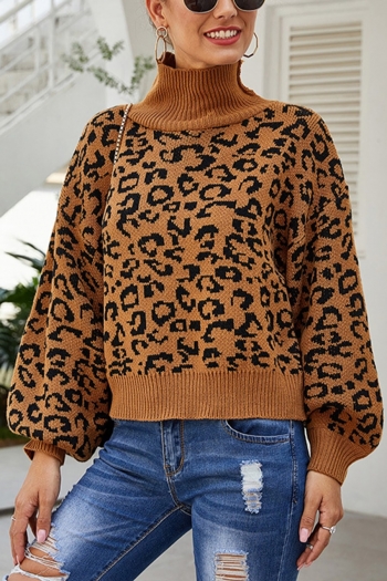 autumn&winter new stylish leopard batch printing loose slight stretch high collar casual knitted sweater