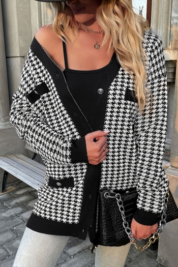 winter new houndstooth patchwork slight stretch long sleeve single breasted stylish retro all-match cardigan (only cardigan)