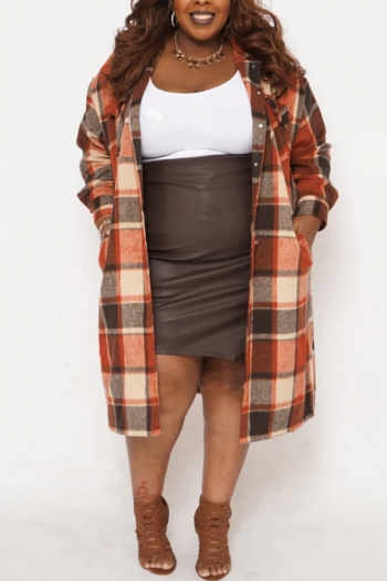 xl-5xl plus size autumn & winter new plaid non stretch long sleeve turndown collar single breasted pockets stylish casual outerwear (only outerwear)