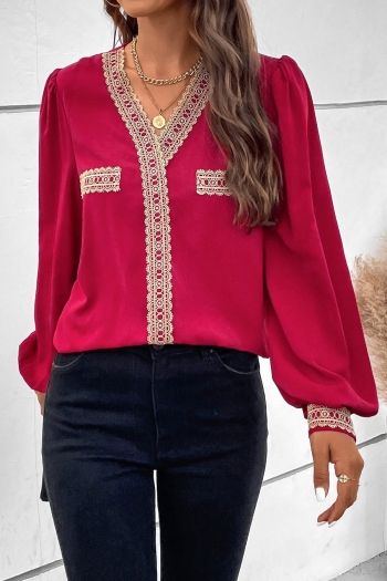autumn new stylish lace patchwork v-neck non-stretch loose puff sleeve casual top