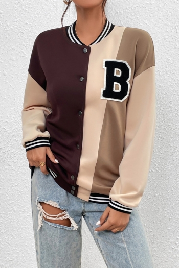 autumn&winter new stylish patchwork contrast color single-breasted slight stretch applique pocket loose casual baseball jacket