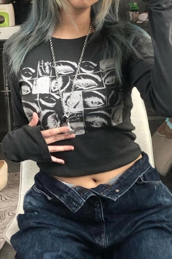 early autumn new evil eyes fixed printing slight stretch long sleeve crew neck thumb holes slim stylish sexy crop top