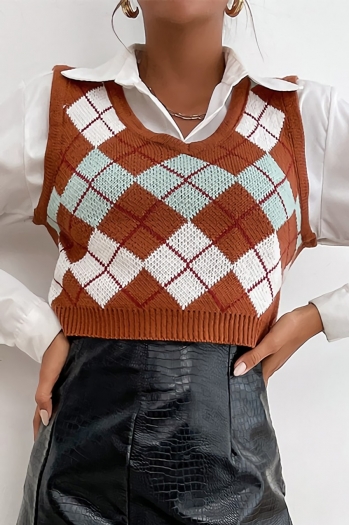 early autumn new knitted diamond pattern slight stretch sleeveless v-neck stylish all-match vest sweater