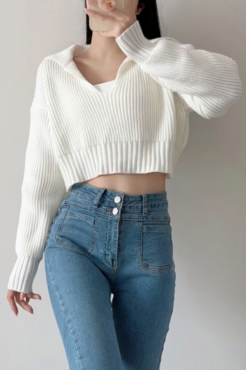 new 4 colors stretch knitted lapel stylish crop sweater