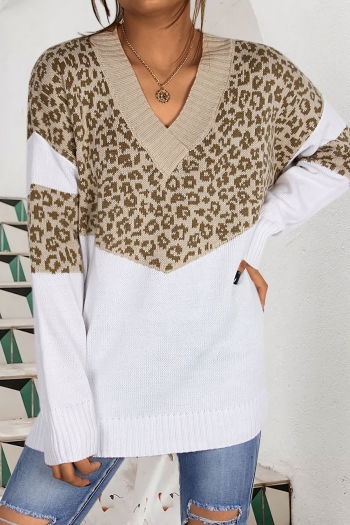 leopard stitching knitted slight stretch v-neck casual sweater