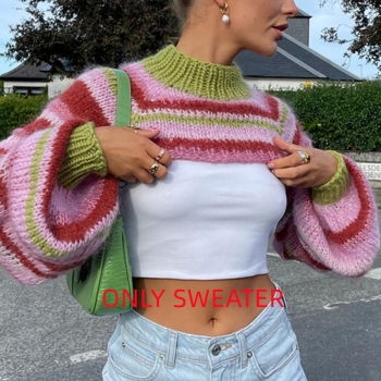 contrast color stripe knitted slight stretch lantern-sleeve stylish crop sweater