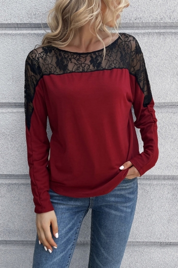 autumn slight stretch see-through lace stitching crew neck casual top