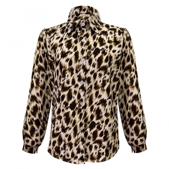 non stretch leopard printing turndown collar single breasted casual blouse