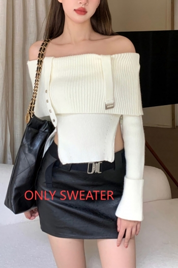 new solid color stretch knitted zip-up off-the-shoulder slim stylish sweater(size run small)