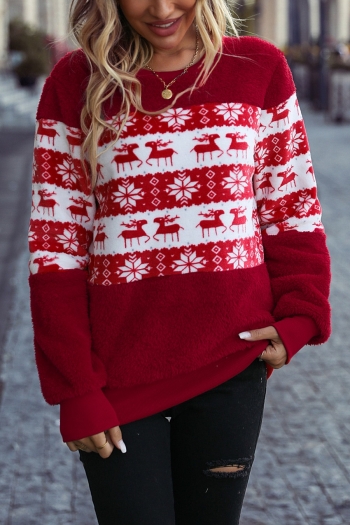 christmas plus size deer printing teddy fleece slight stretch stylish sweatshirt