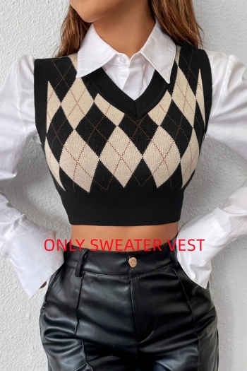 two colors checkered knitted slight stretch stylish all-match sweater vest