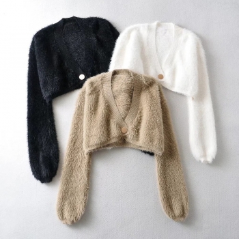 three colors fuzzy knitted slight stretch button stylish crop sweater