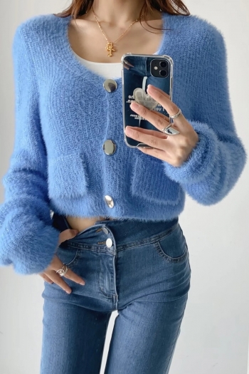 five colors fuzzy knitted slight stretchsingle-breasted stylish crop sweater