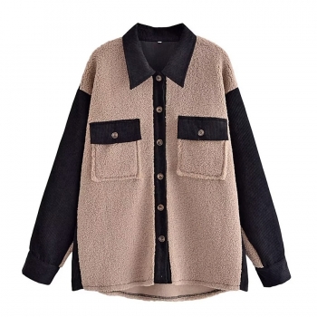 xs-l contrast color teddy fleece patchwork slight stretch stylish jacket
