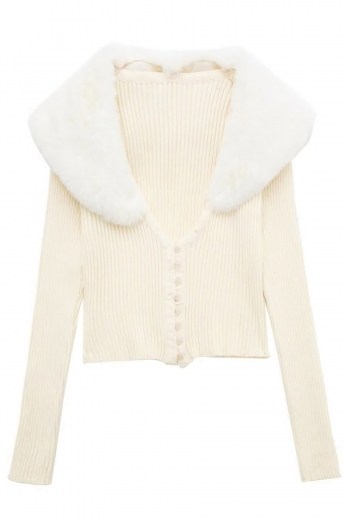 three colors stretch knitted fur collar single-breasted stylish sweater