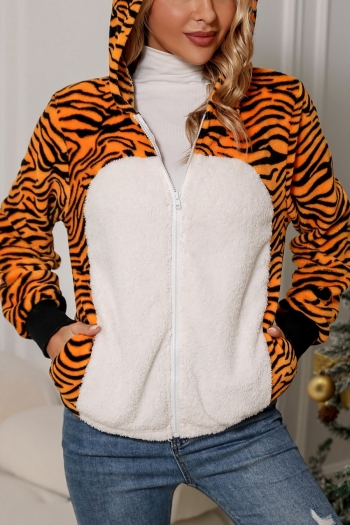 plus size tiger striped spliced flannel slight stretch hat hooded stylish jacket