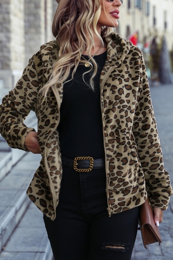 plus size leopard flannel slight stretch hat hooded design zip-up stylish jacket